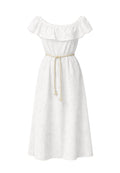 Langes Sangallo-Kleid mit Carmenausschnitt und Kordelgürtel