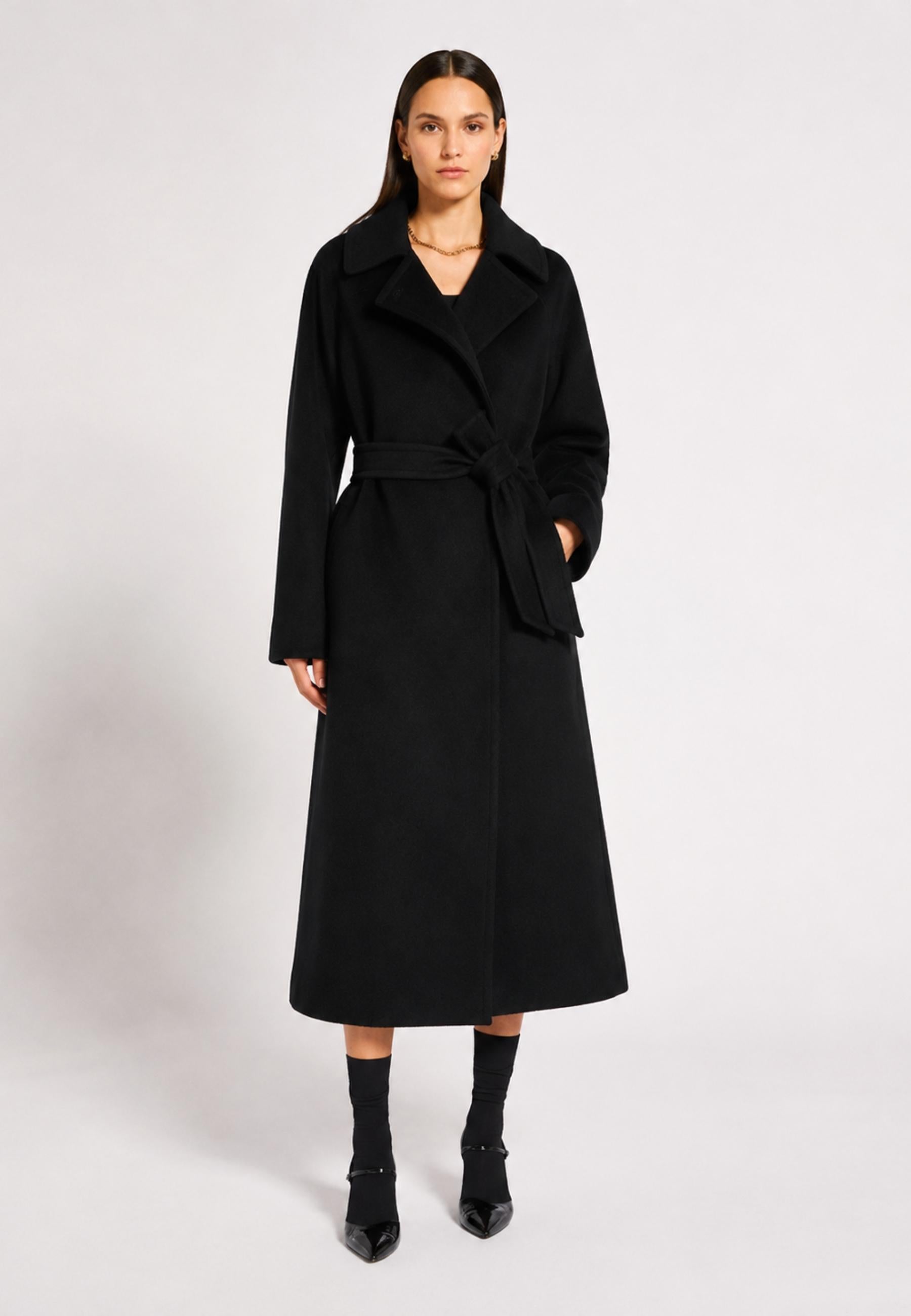 Max Mara Studio - Cappotto lungo in panno di castoro di pura lana vergine con cintura 