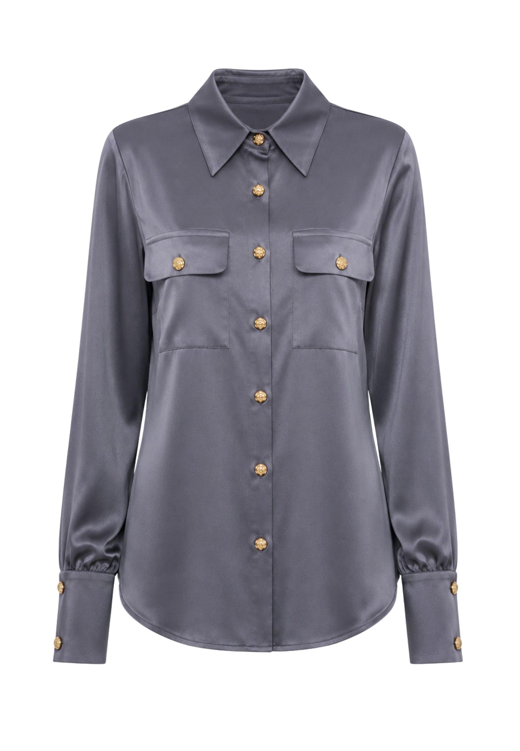 Monique Garçonne - Camicia in raso con pattine e bottoni gioiello 