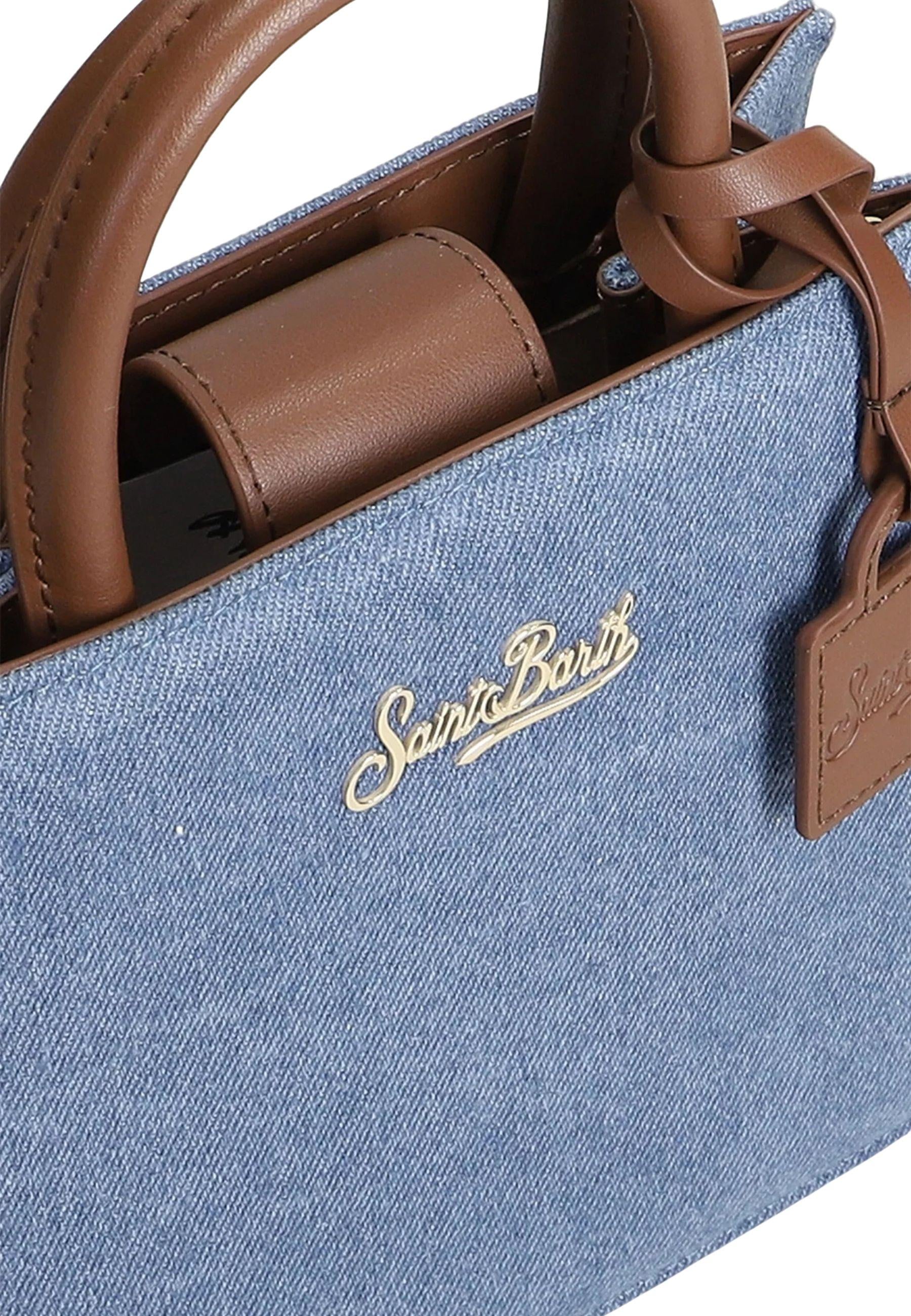 Shop Bag Mini in denim blu con inserti in pelle 