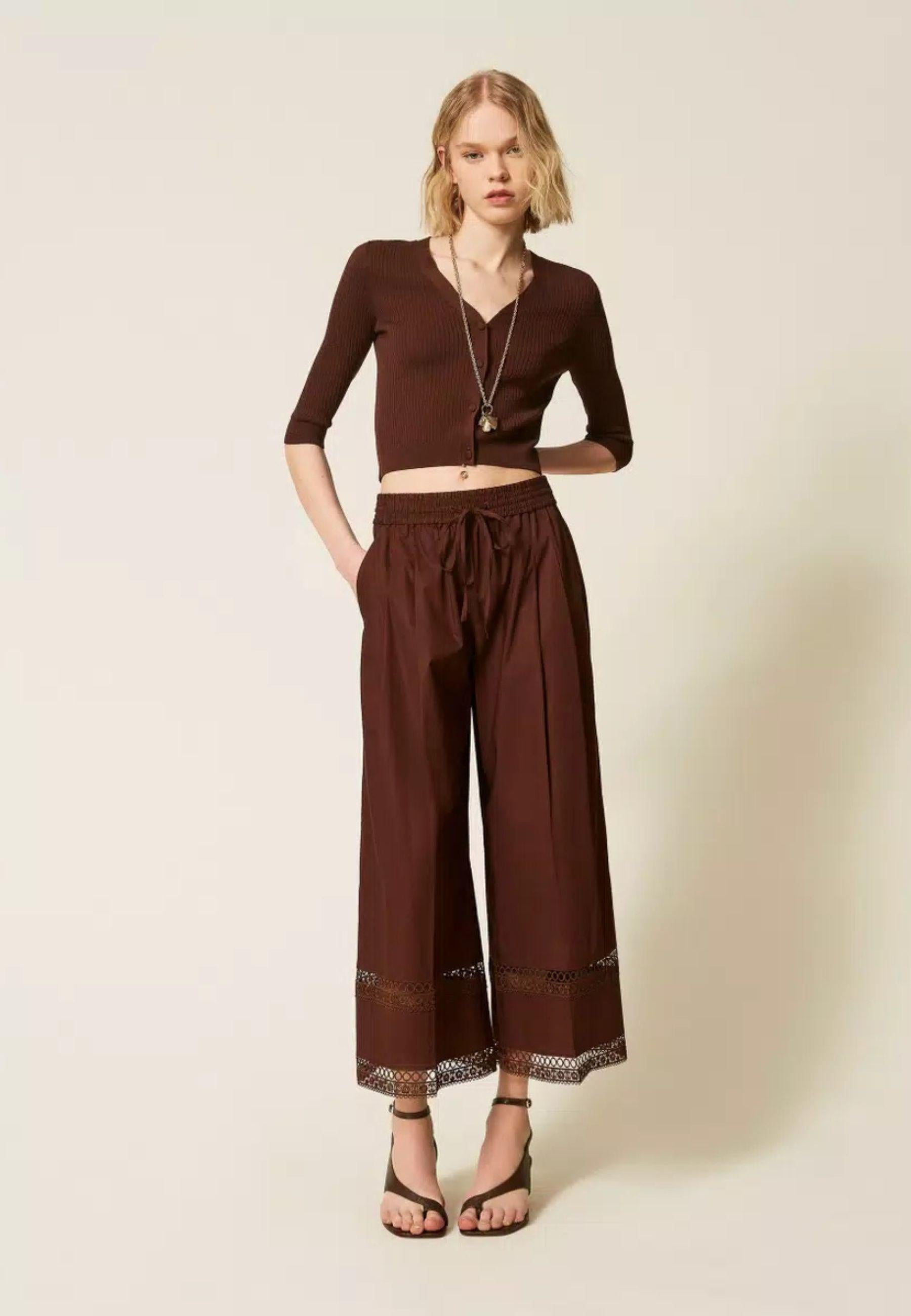 Twinset - Pantaloni Ampi in Popeline con Ricamo 