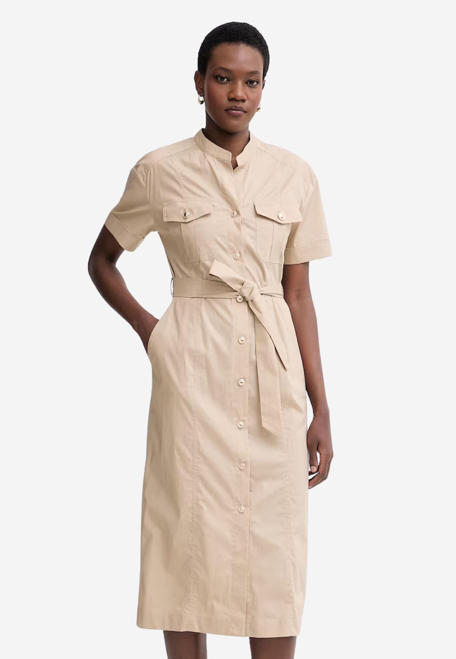 Abito Midi Camicia Beige Twinset in Cotone Stretch con Cintura e Tasche 