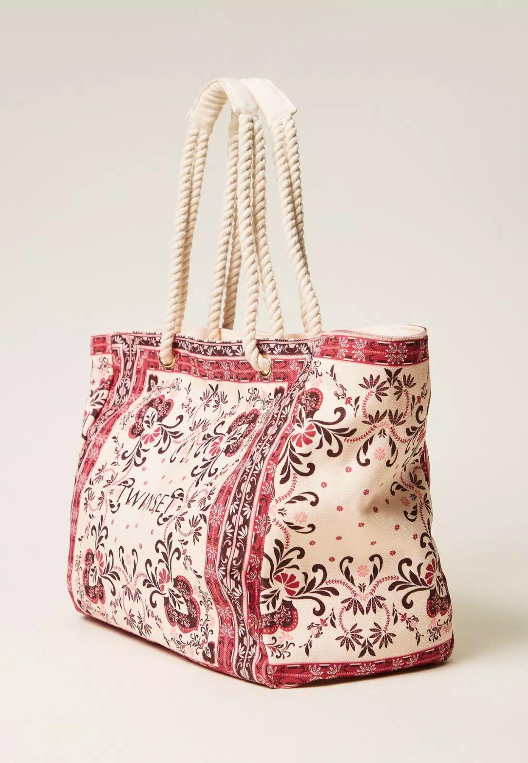 Borsa Shopper in Canvas con Stampa Foulard Fuchsia 