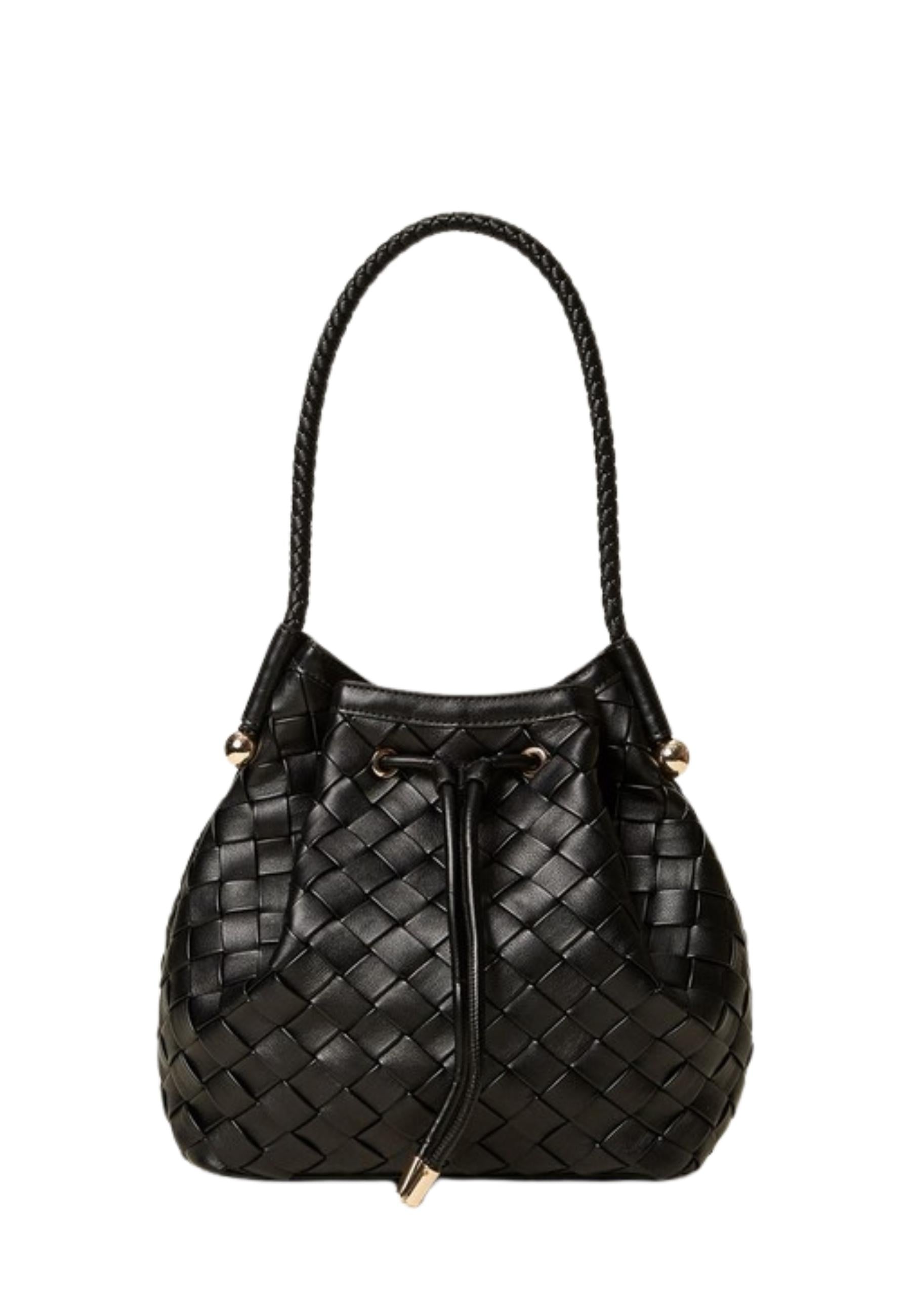 Borsa a Secchiello Twinset Intrecciata a Mano Nera 