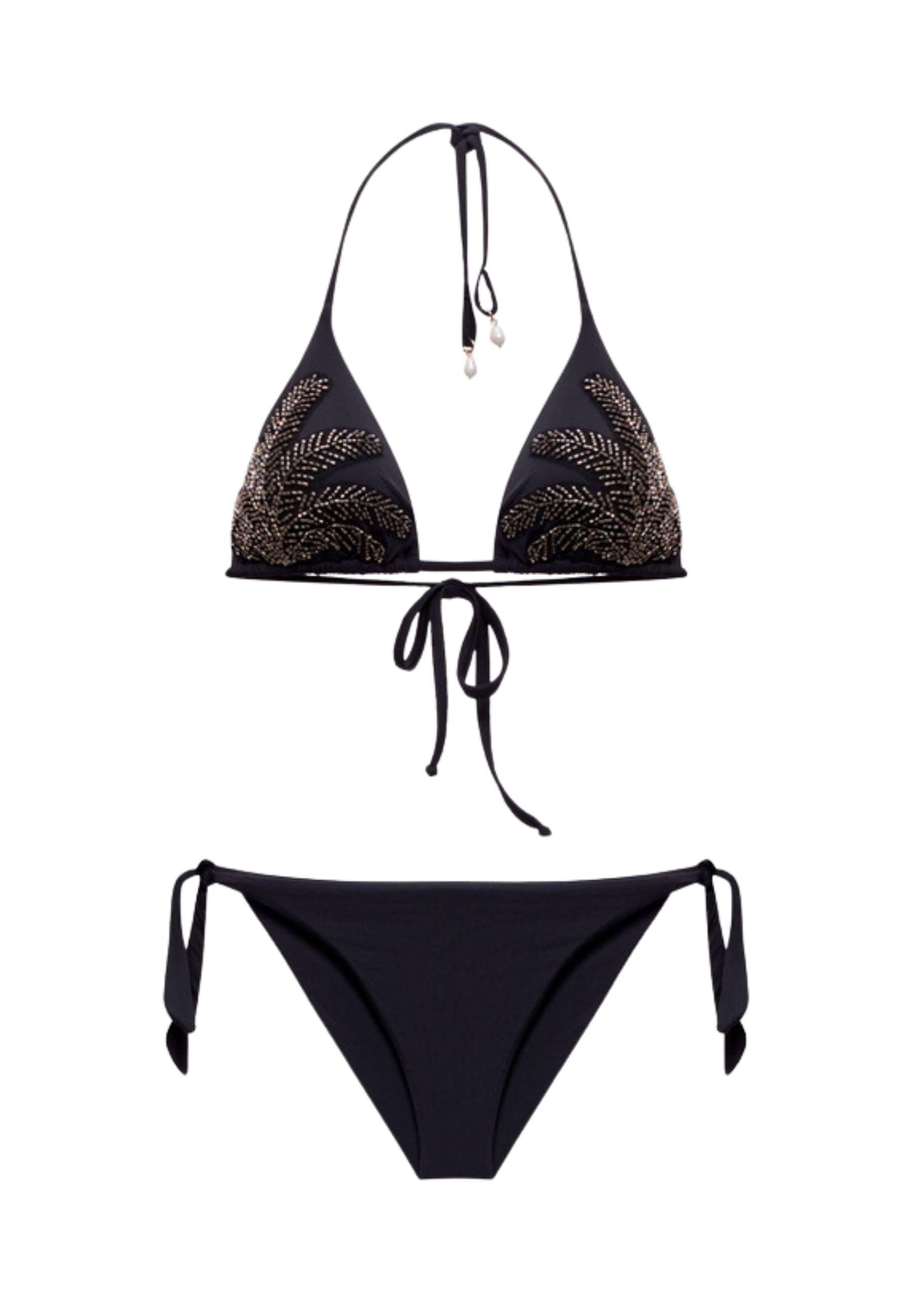 Bikini Triangolo Ricamato con Perline Nero 