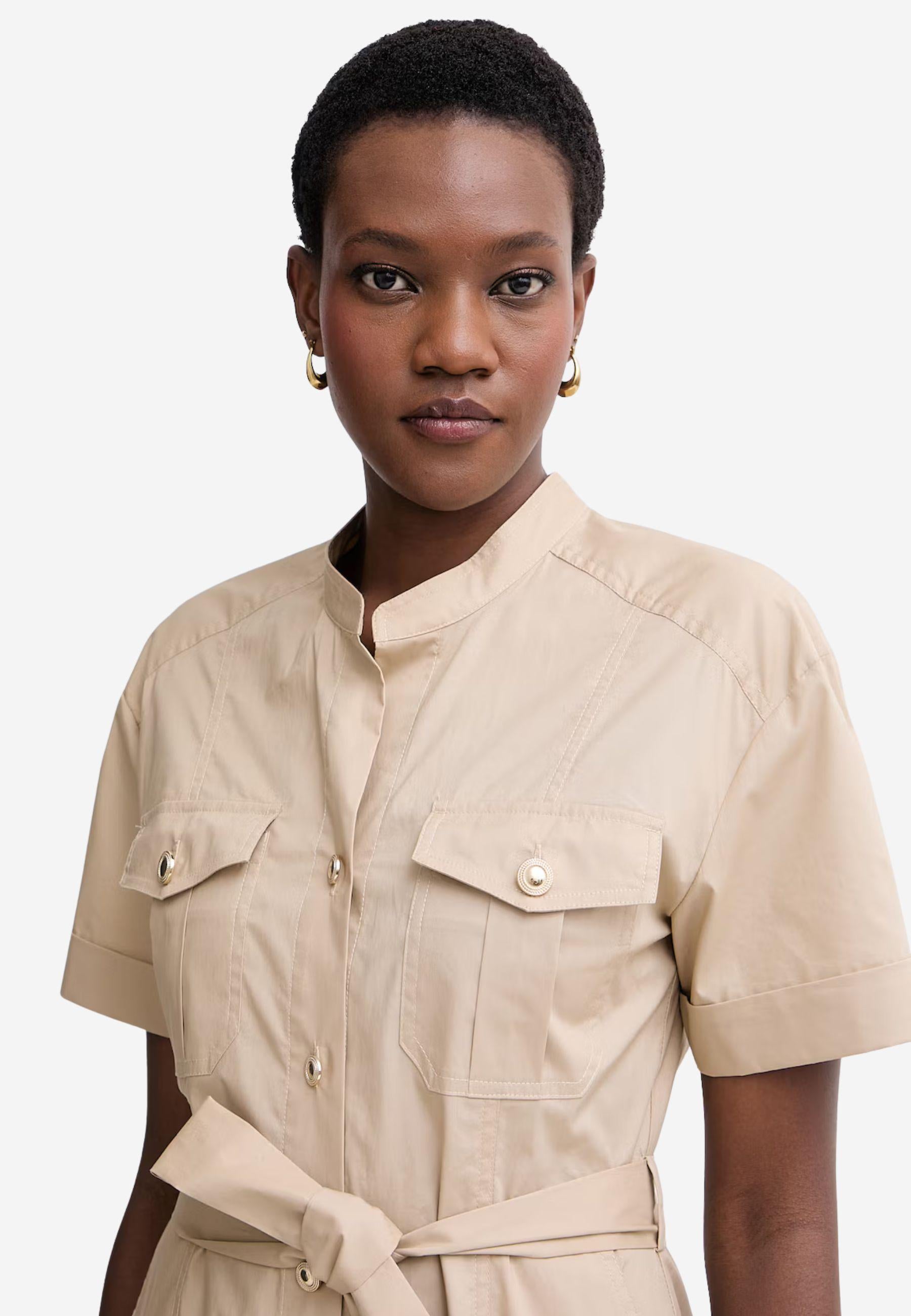Abito Midi Camicia Beige Twinset in Cotone Stretch con Cintura e Tasche 