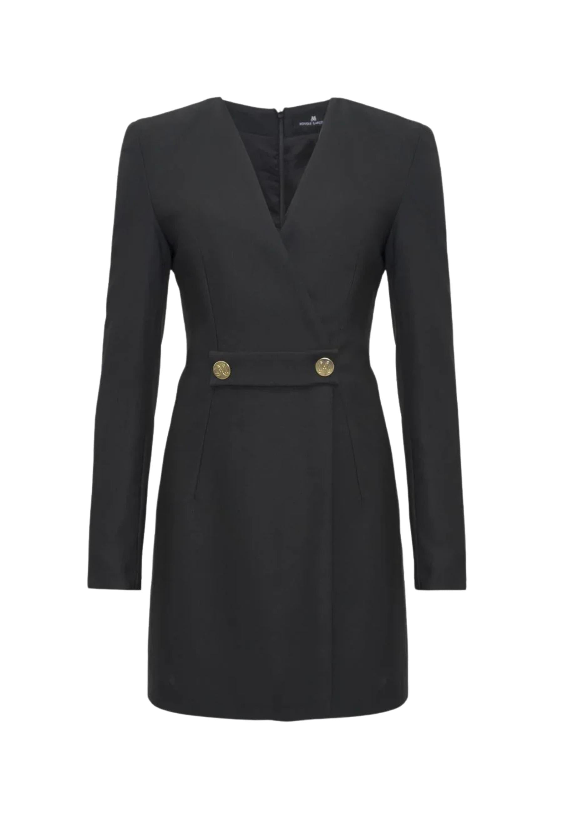 Monique Garçonne Abito Mini Aderente in Twill Tecnico con Bottoni Oro Nero 