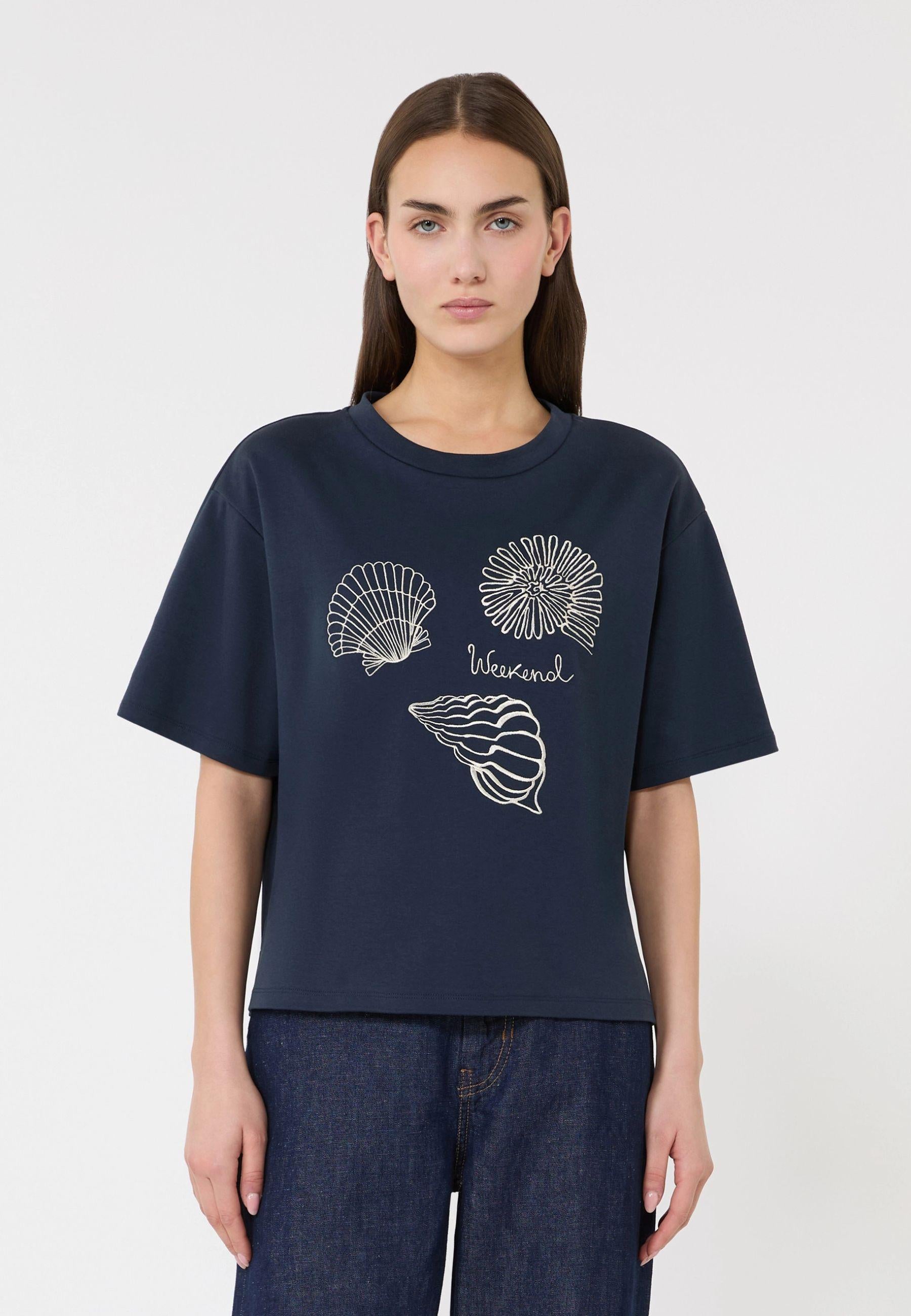T-shirt boxy in puro cotone con stampa conchiglie 