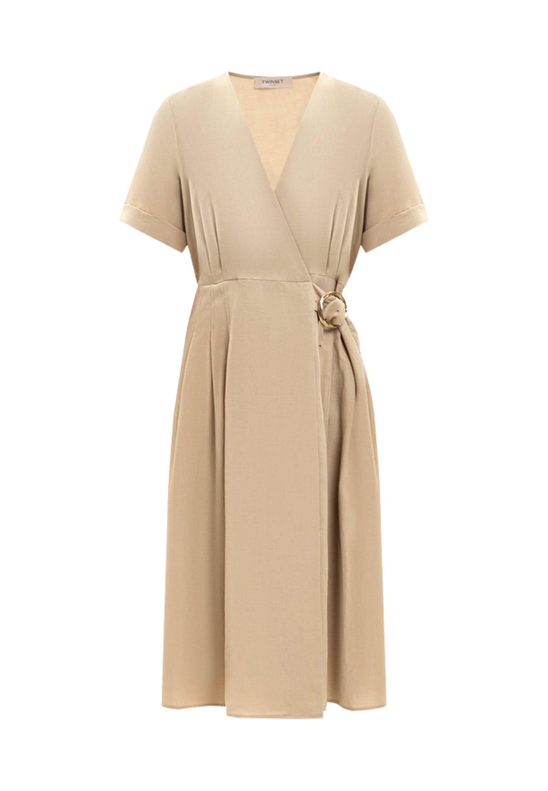 Abito midi beige Twinset in lyocell e lino 