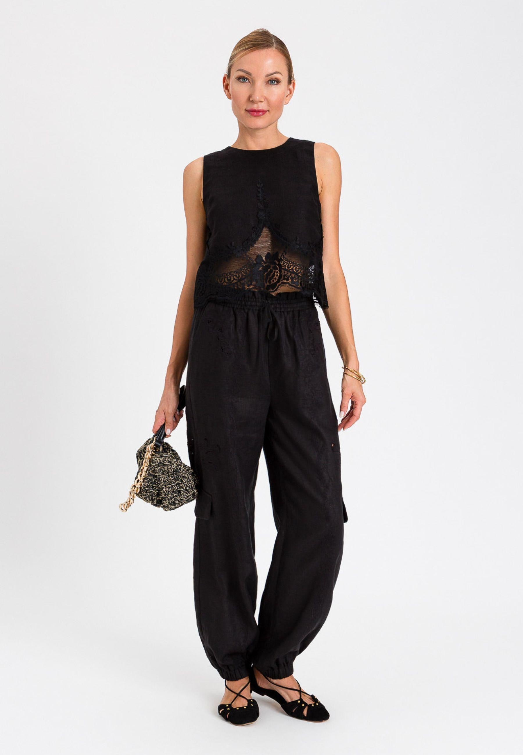 Pantaloni joggers in lino e sangallo 