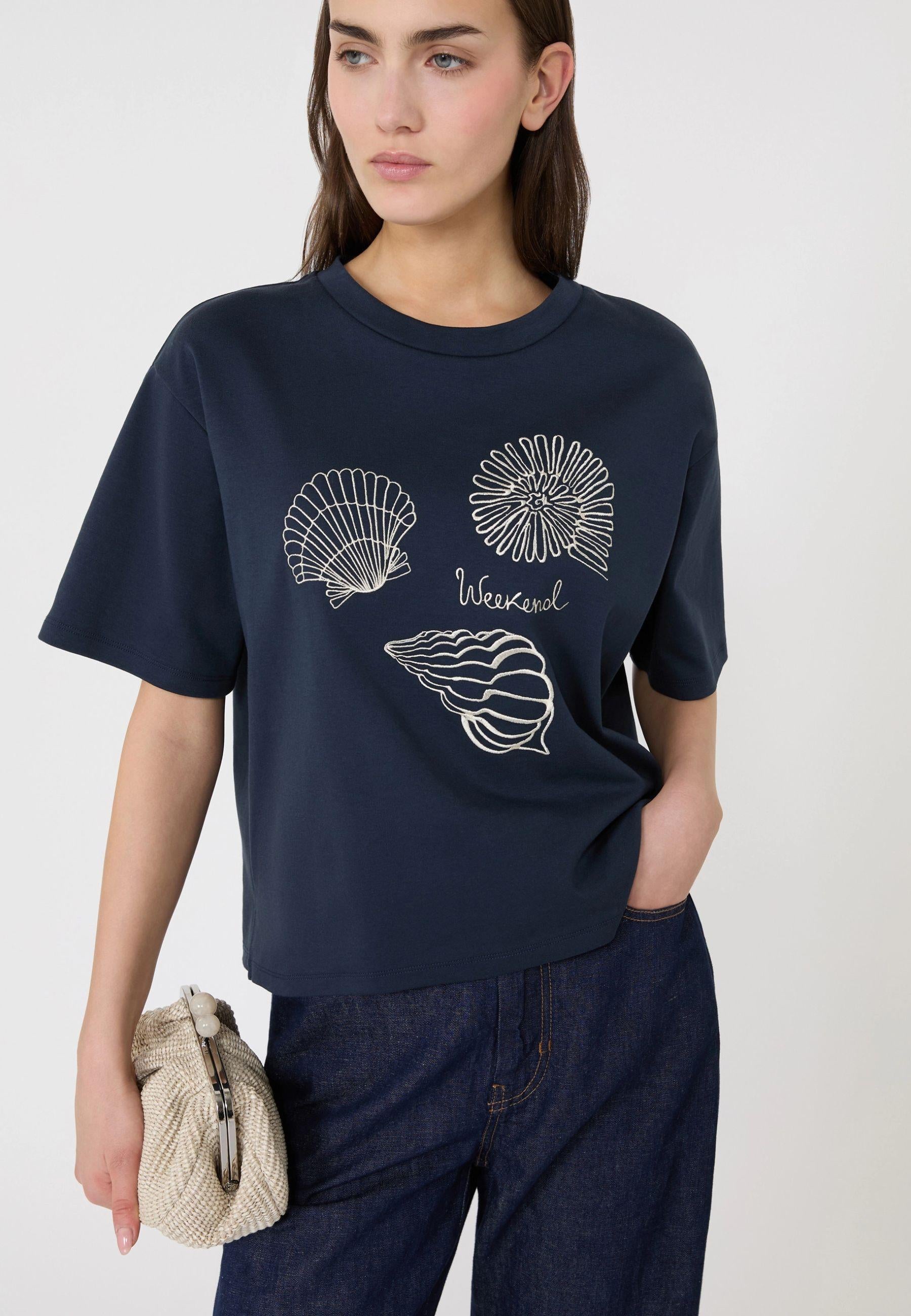 T-shirt boxy in puro cotone con stampa conchiglie 