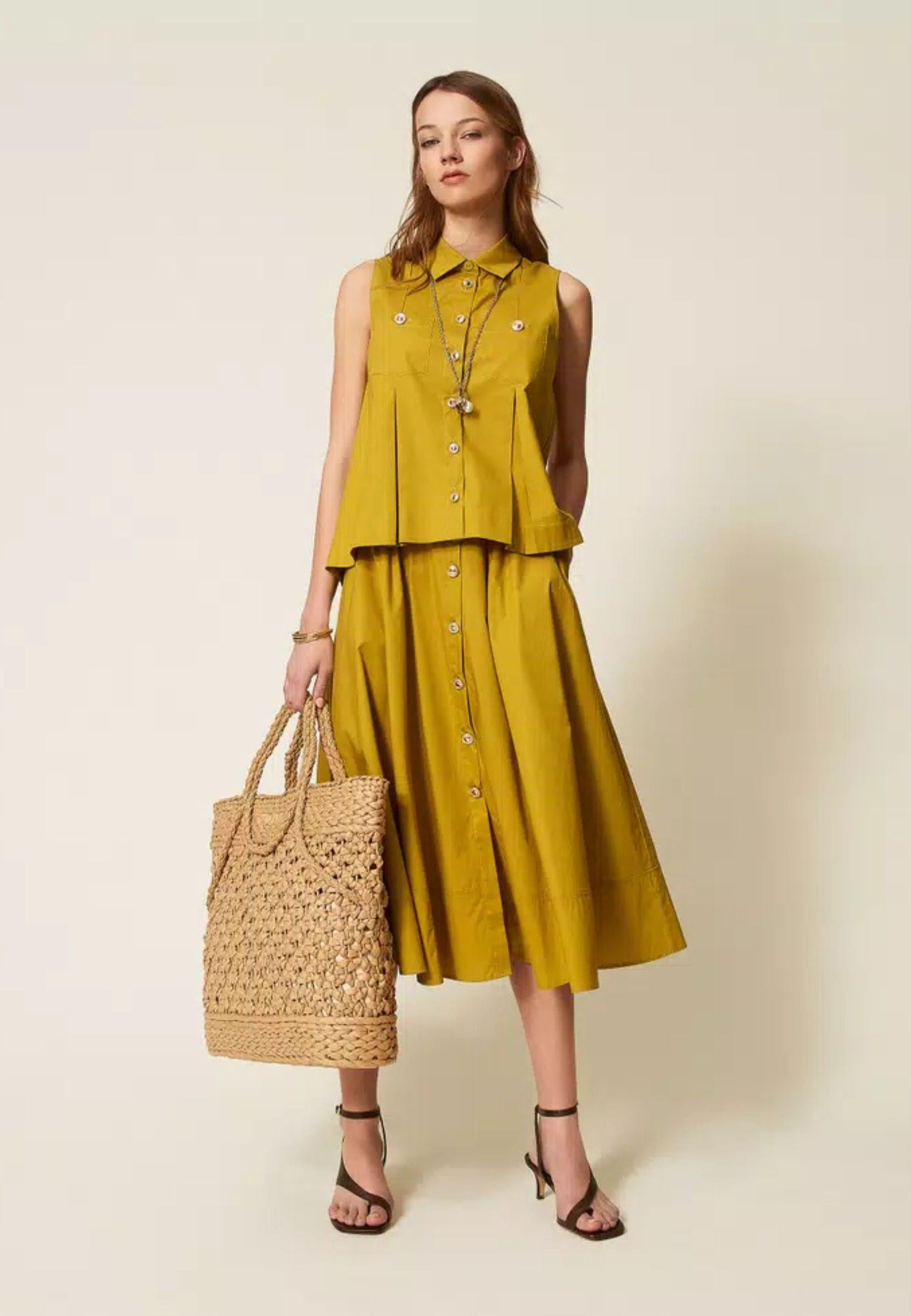 Gonna lunga in popeline di cotone stretch con bottoni 
