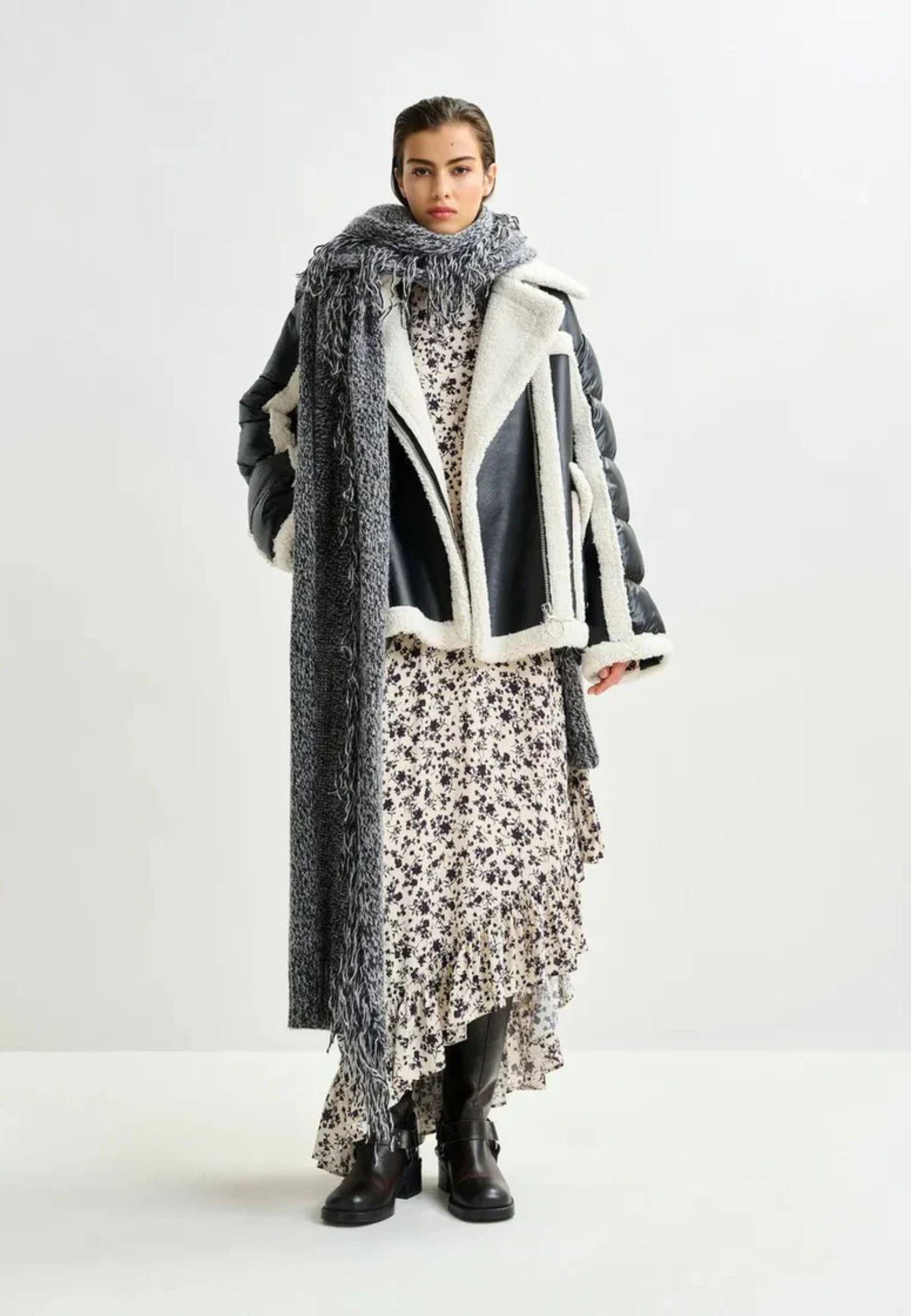Essentiel Antwerp Ifie Faux Fur Puffer Jacket - Giacca oversize black/white con effetto shearling e maniche puffer 