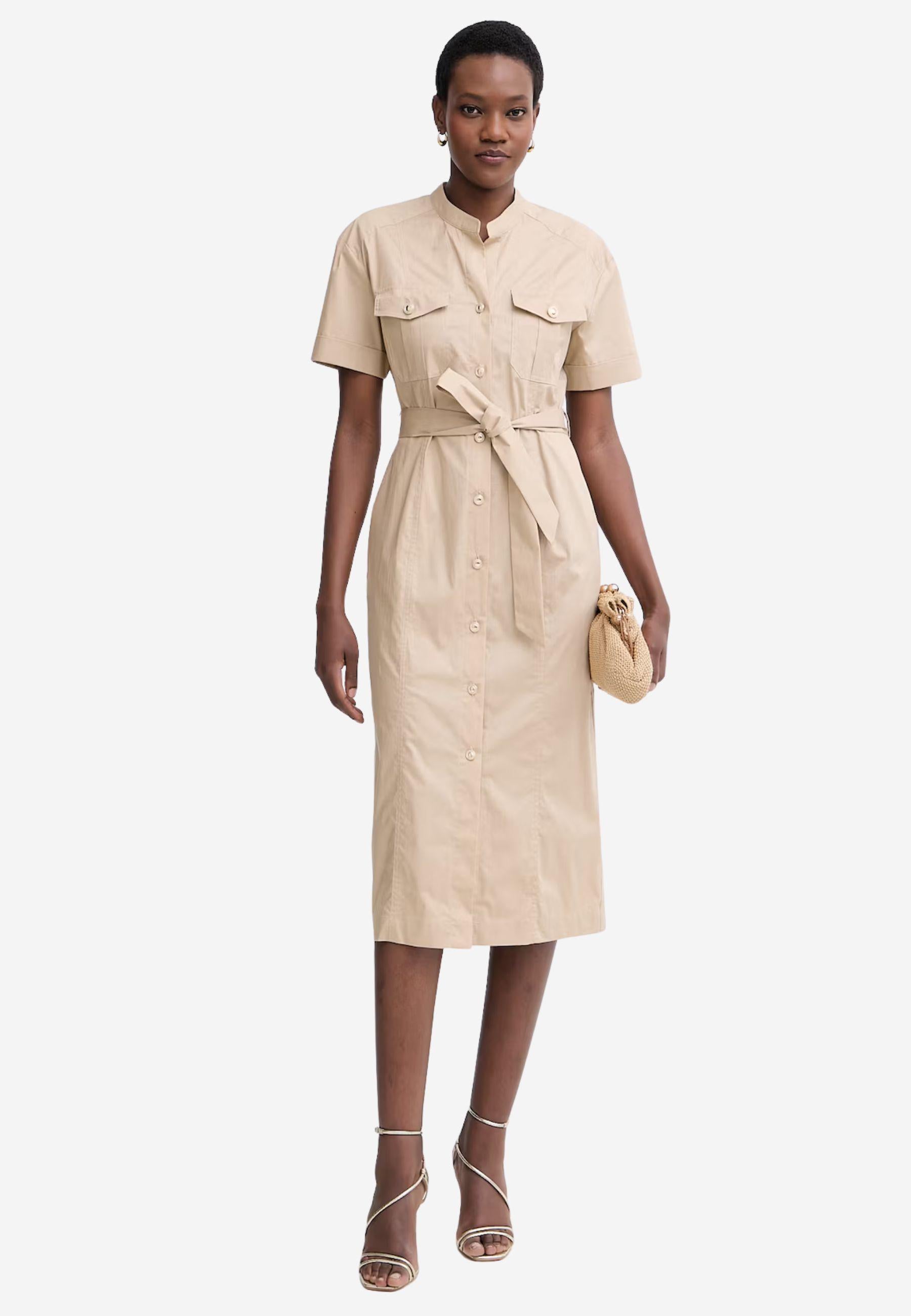 Abito Midi Camicia Beige Twinset in Cotone Stretch con Cintura e Tasche 