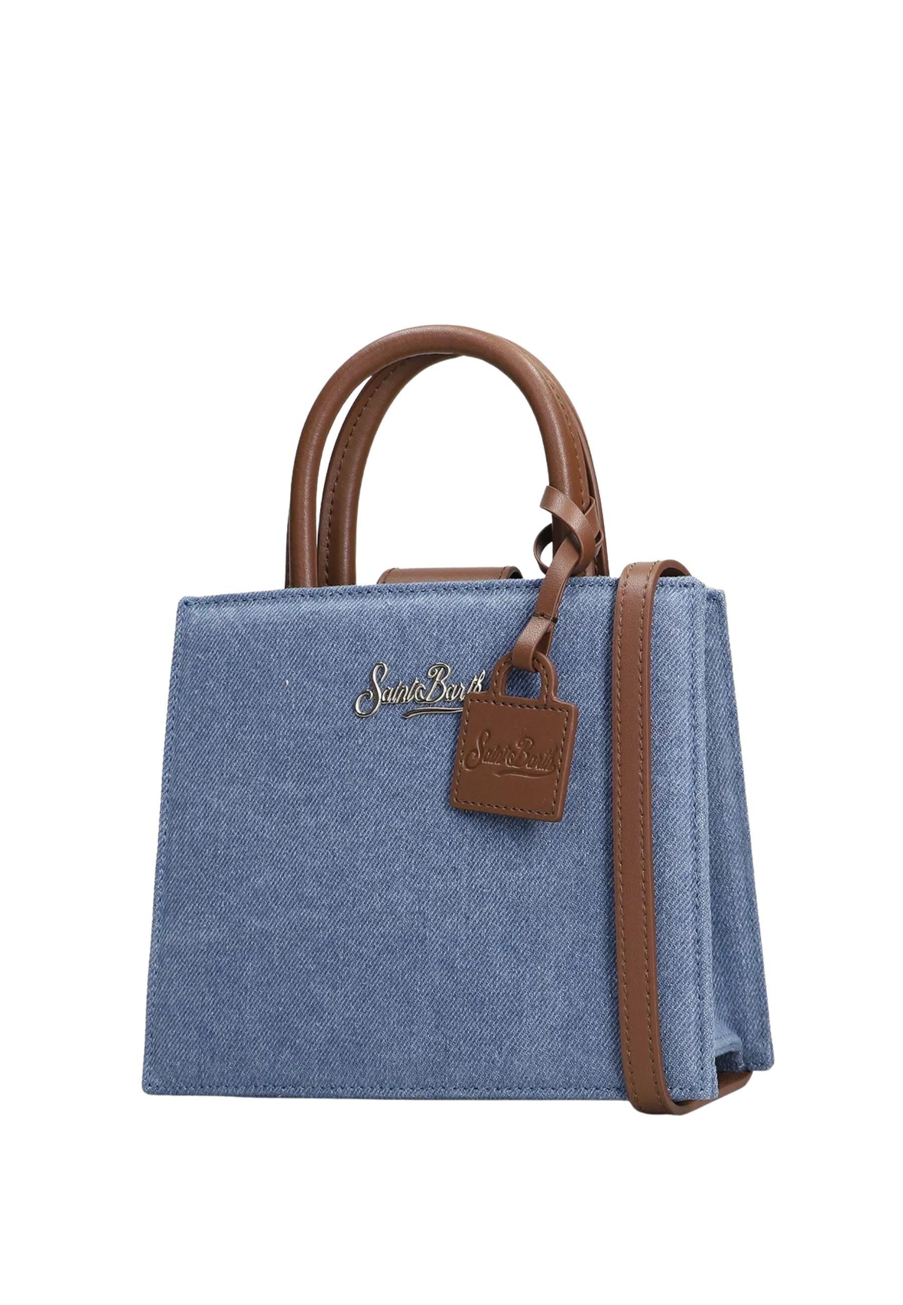 Shop Bag Mini in denim blu con inserti in pelle 