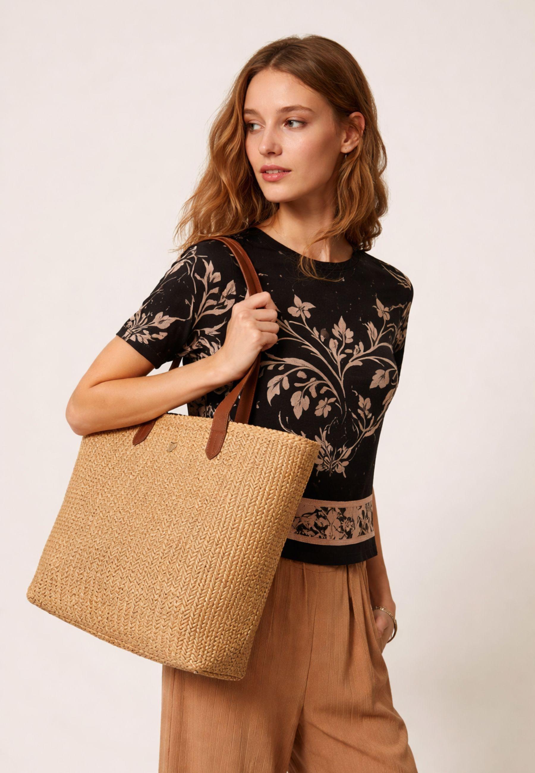 Borsa shopper in rafia con frange 