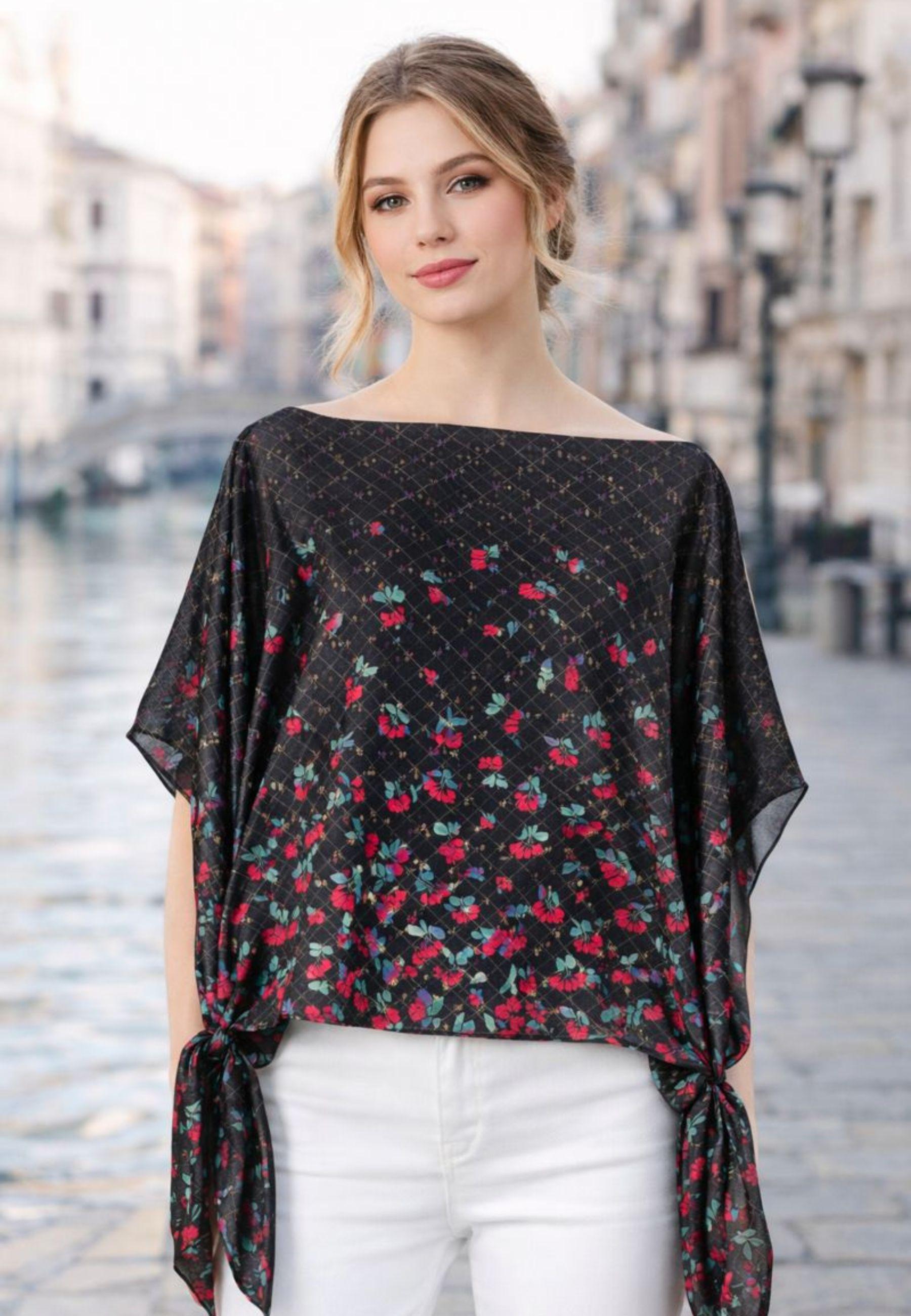 Poncho Twinset stampa Wildflowers nero 