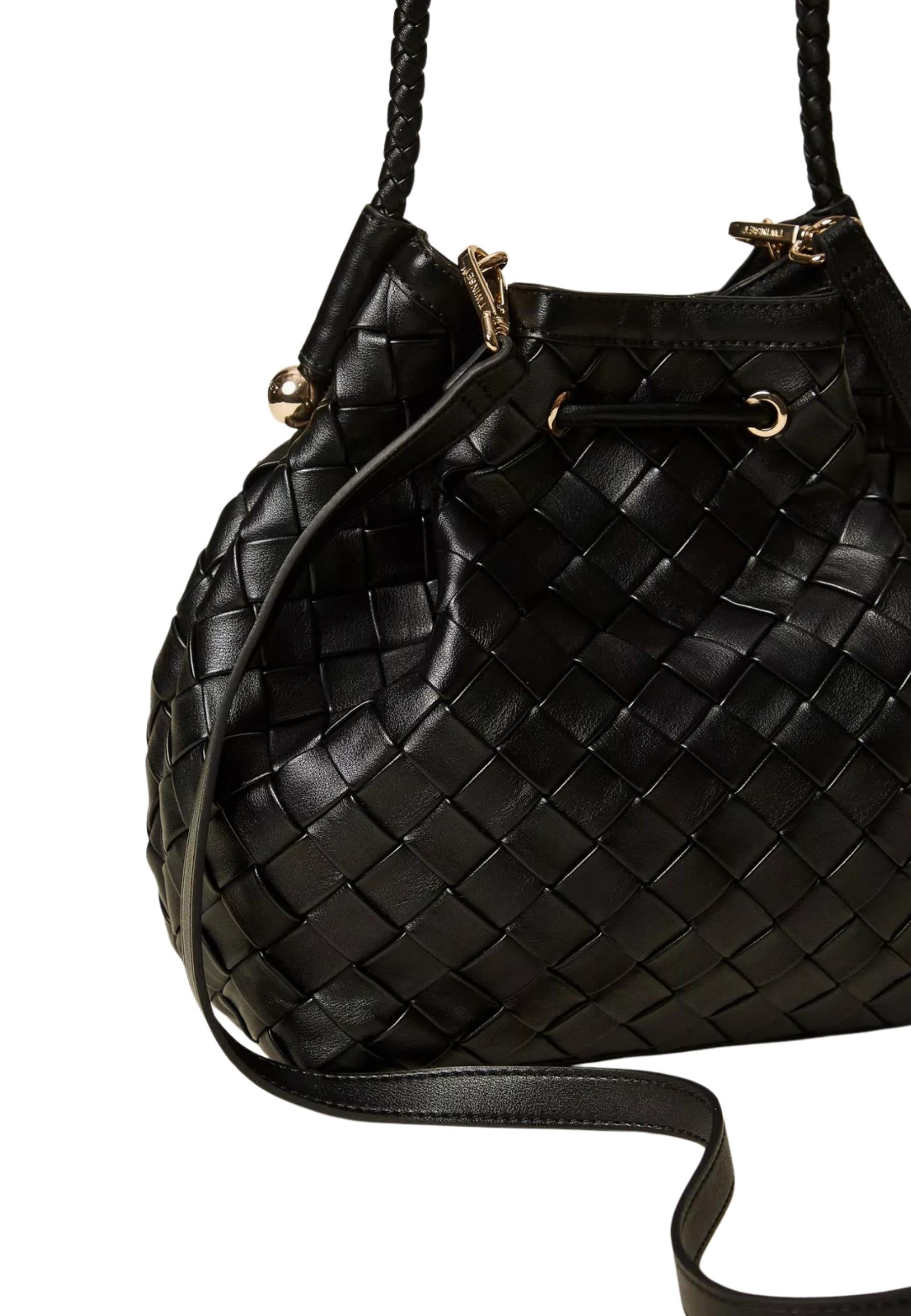 Borsa a Secchiello Twinset Intrecciata a Mano Nera 