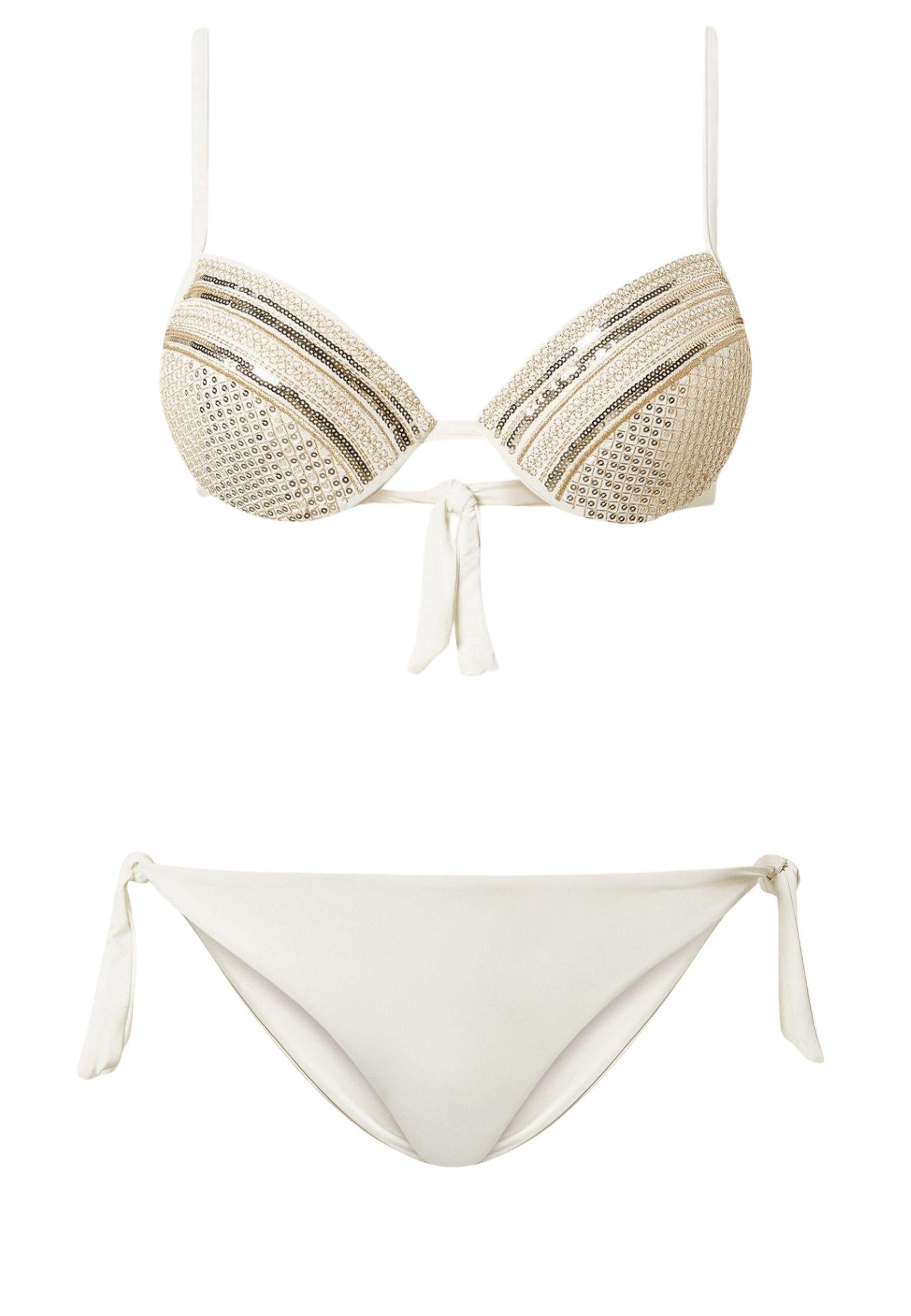 Bikini push-up con paillettes e tanga con laccetti 