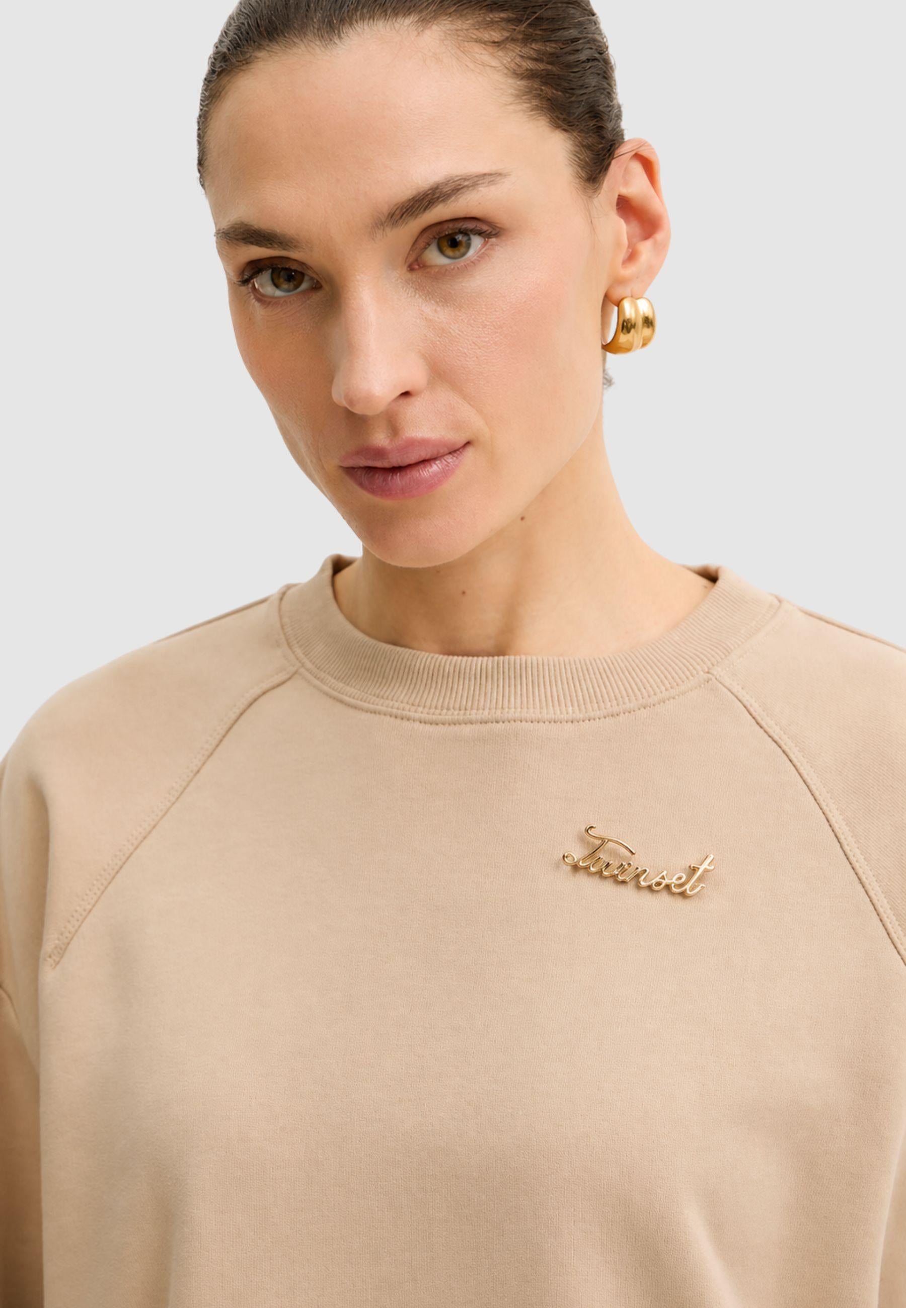 Twinset Felpa in Cotone Beige - Vestibilità Over<BR/> 