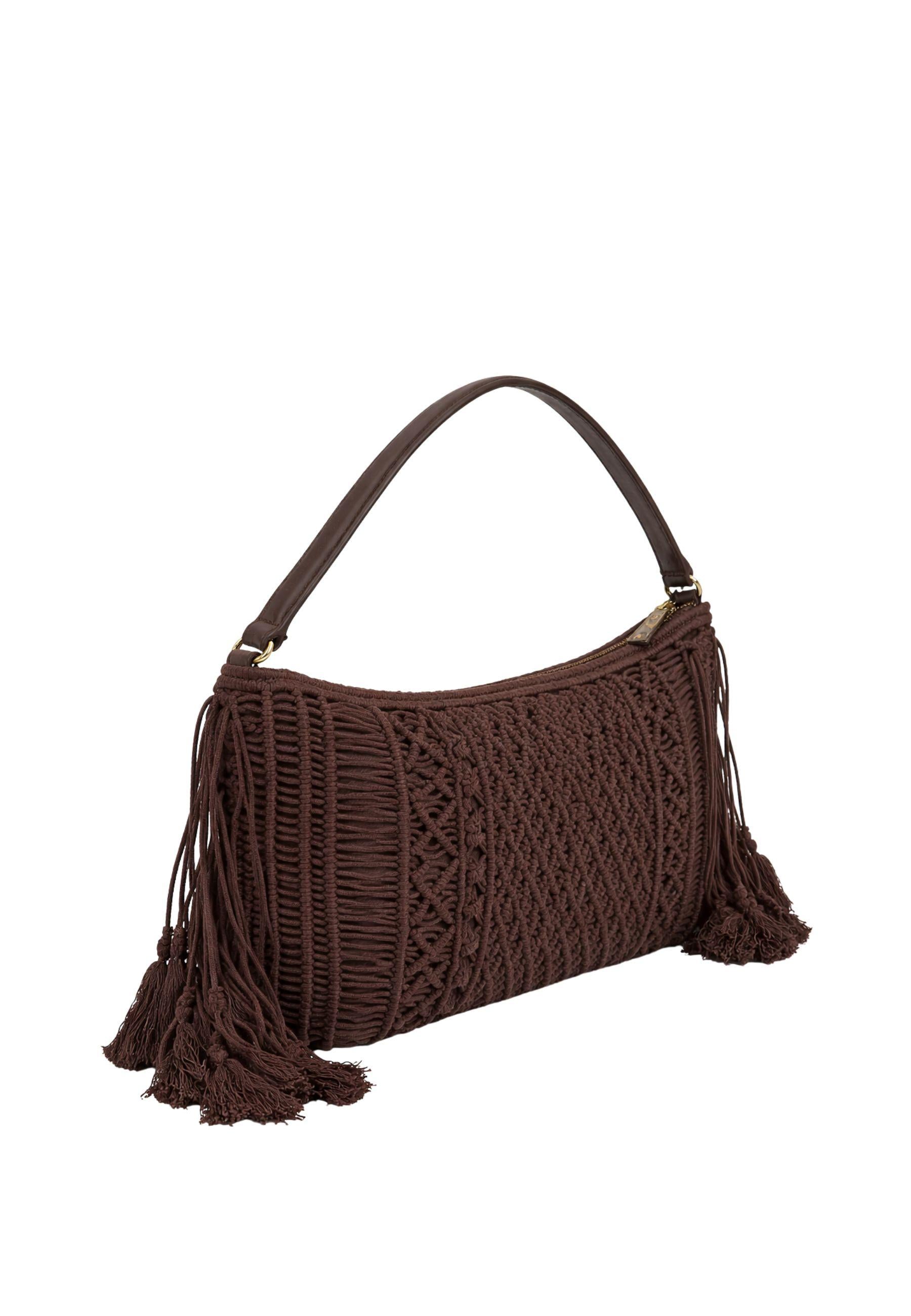 Borsa in macramè con dettagli in pelle 