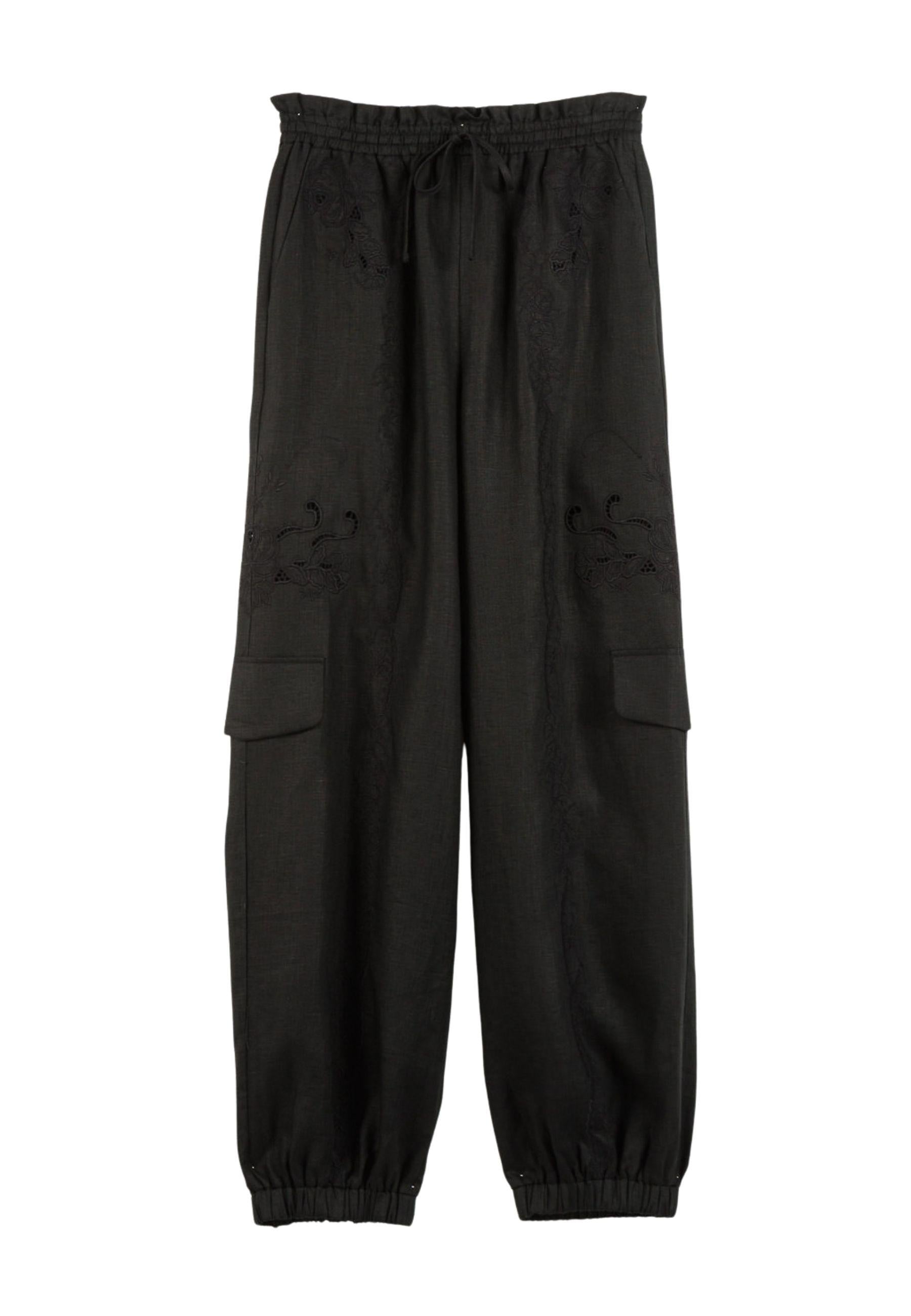 Pantaloni joggers in lino e sangallo 