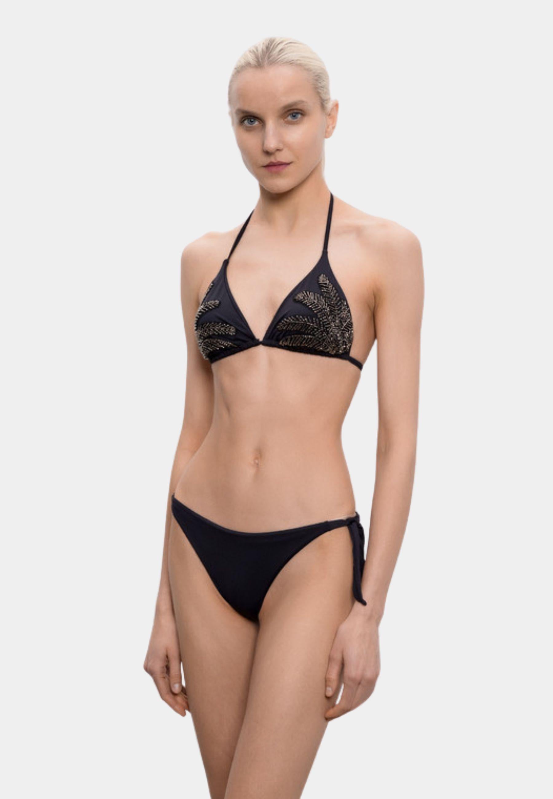 Bikini Triangolo Ricamato con Perline Nero 