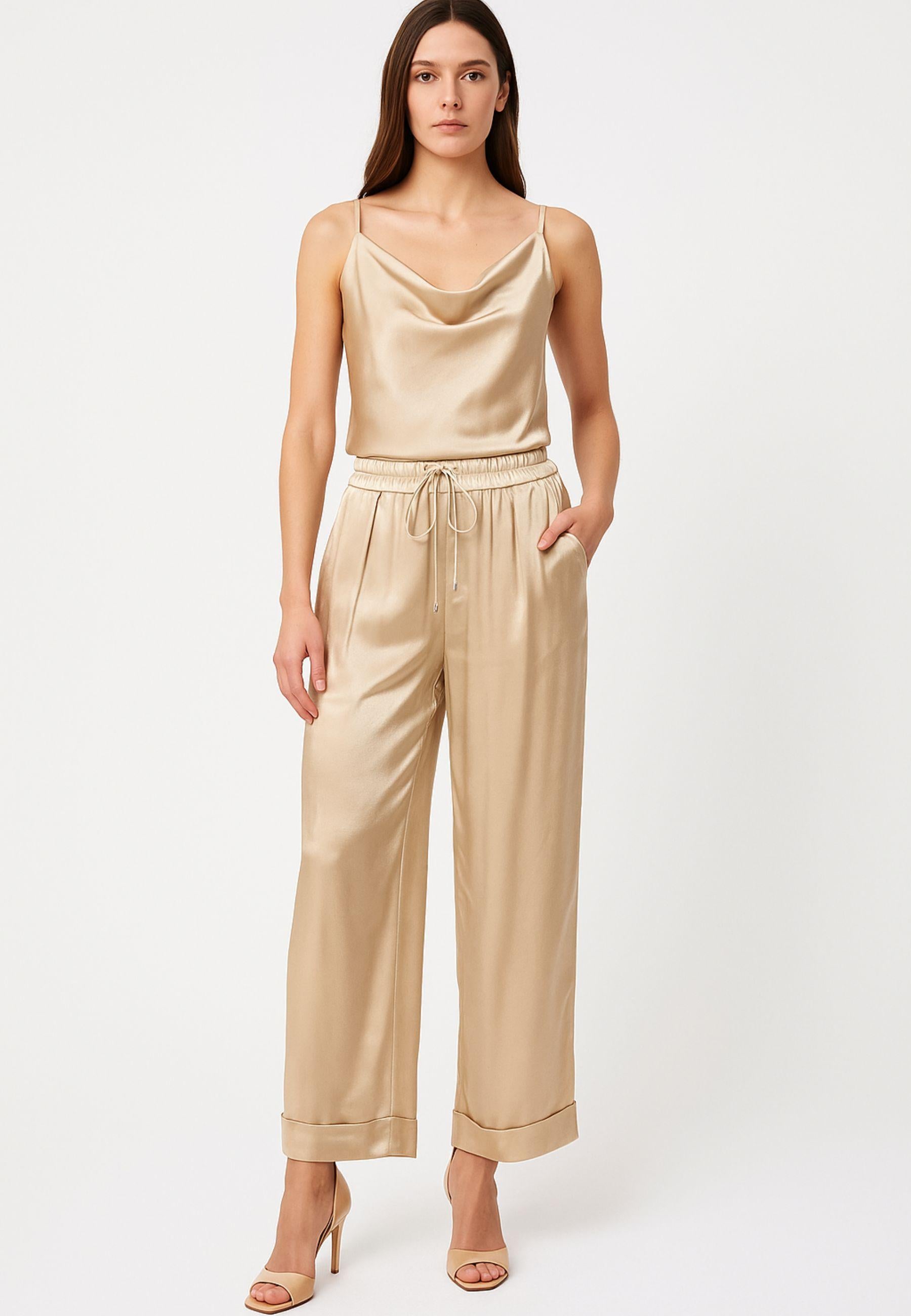 SOALLURE - Pantaloni palazzo in raso lucido beige 