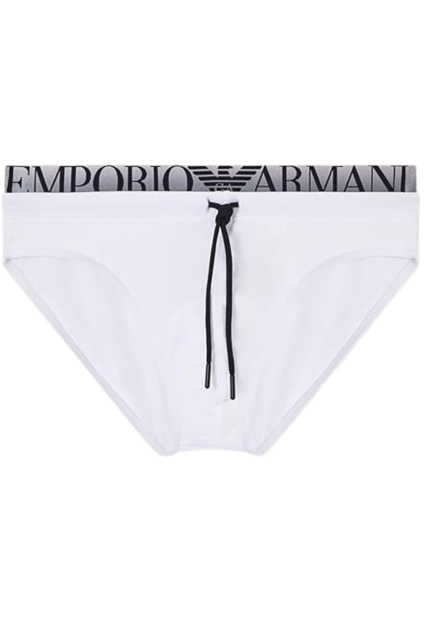 Emporio Armani - Slip mare bianco con coulisse e logo jacquard 