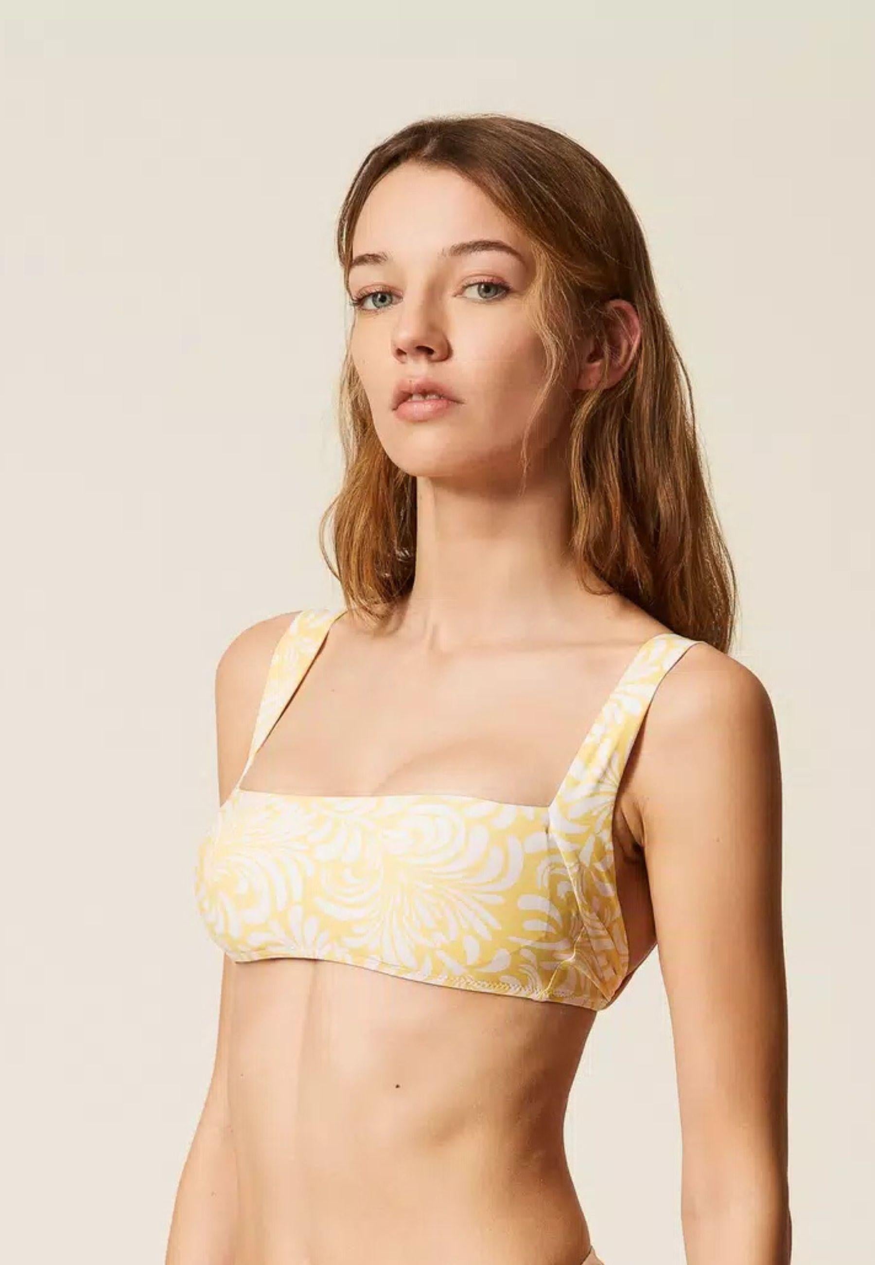 Bikini Fascia Twinset Coppa C con Stampa Botanica e Tanga Regolabile - Corn Cream / Vaniglia 