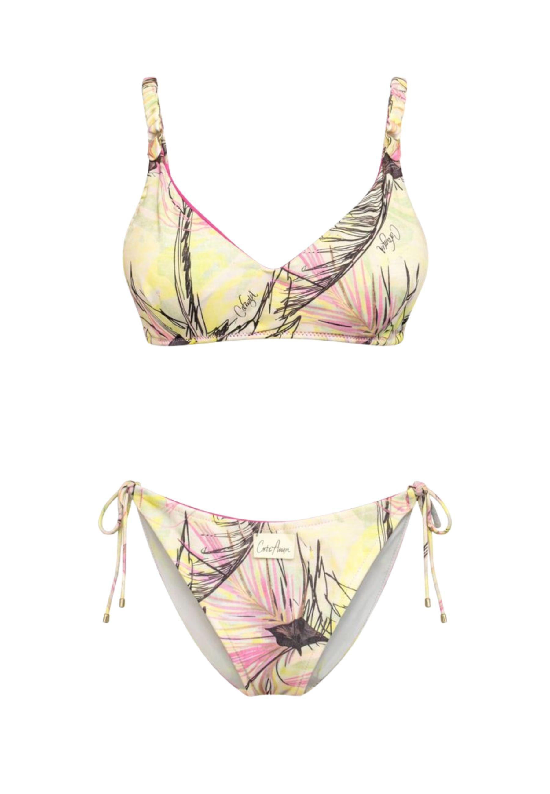 Bikini in lycra stampata con fantasia tropicale 