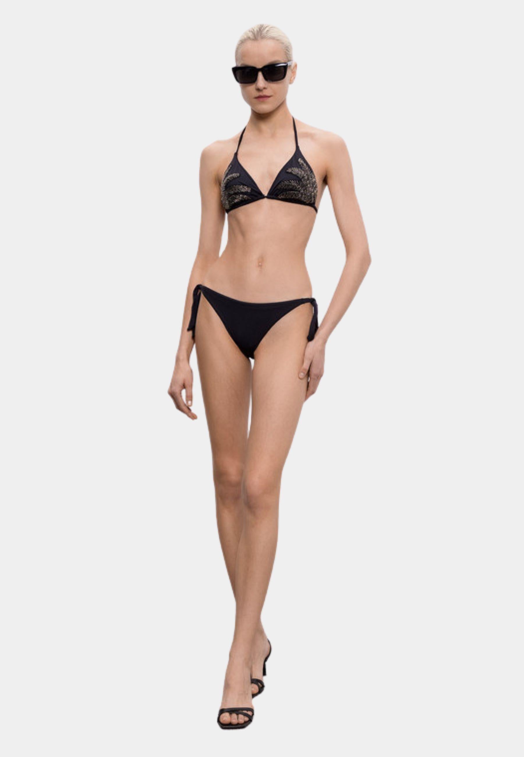 Bikini Triangolo Ricamato con Perline Nero 