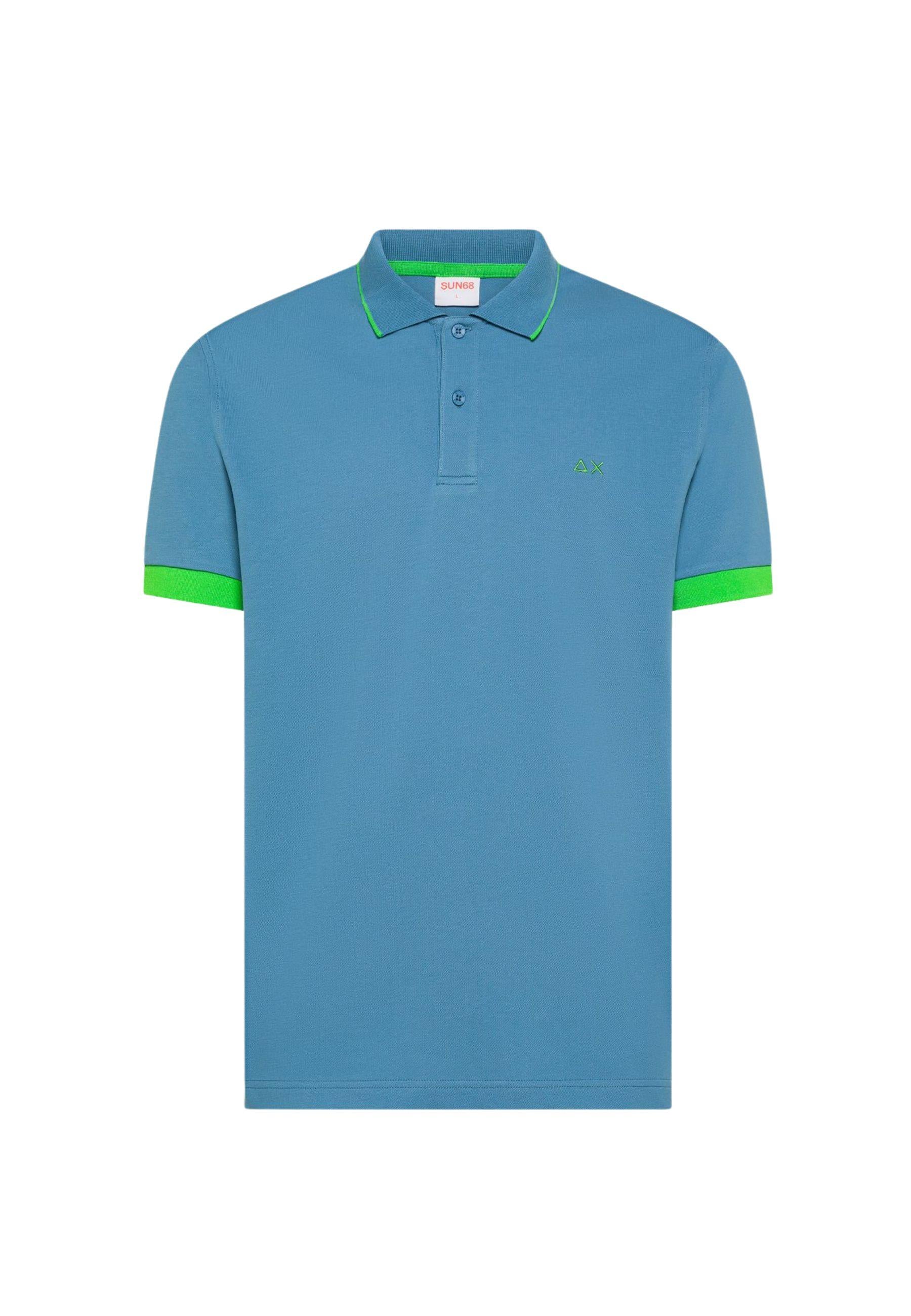 Polo in cotone blu avio con bordi fluo a contrasto 