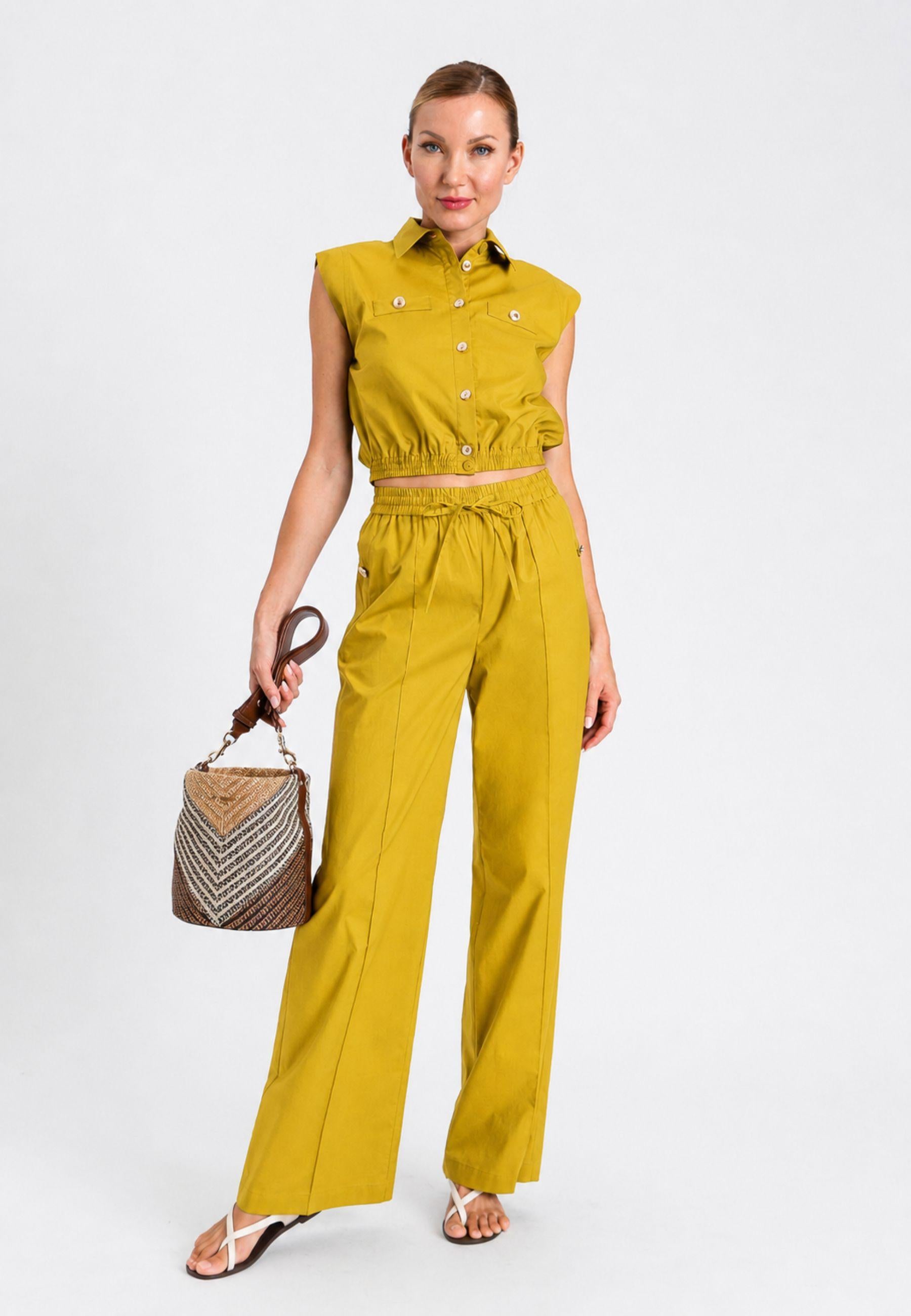 Pantalone wide leg in cotone stretch 