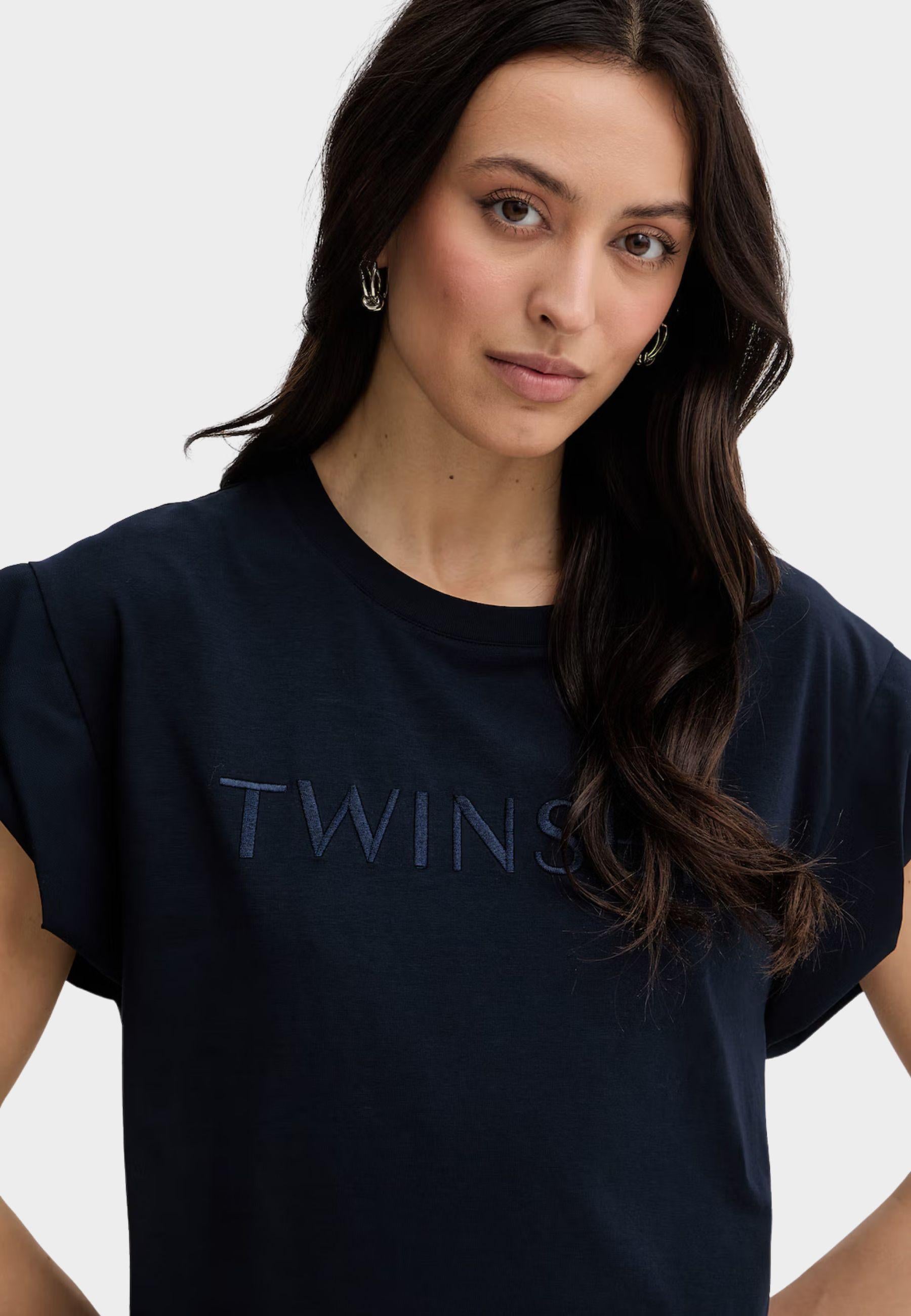 T-shirt Twinset Blu Navy con Logo Ricamato 