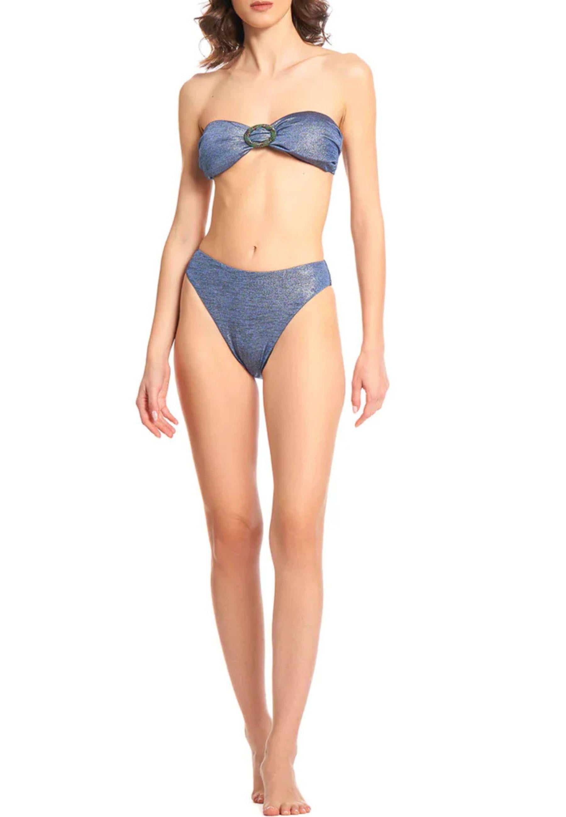 Bikini fascia in maglina lamé blu con fibbia gioiello 