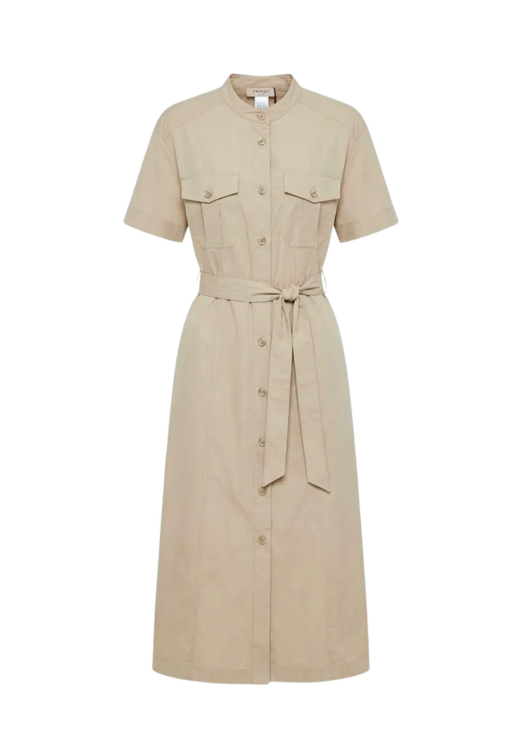 Abito Midi Camicia Beige Twinset in Cotone Stretch con Cintura e Tasche 