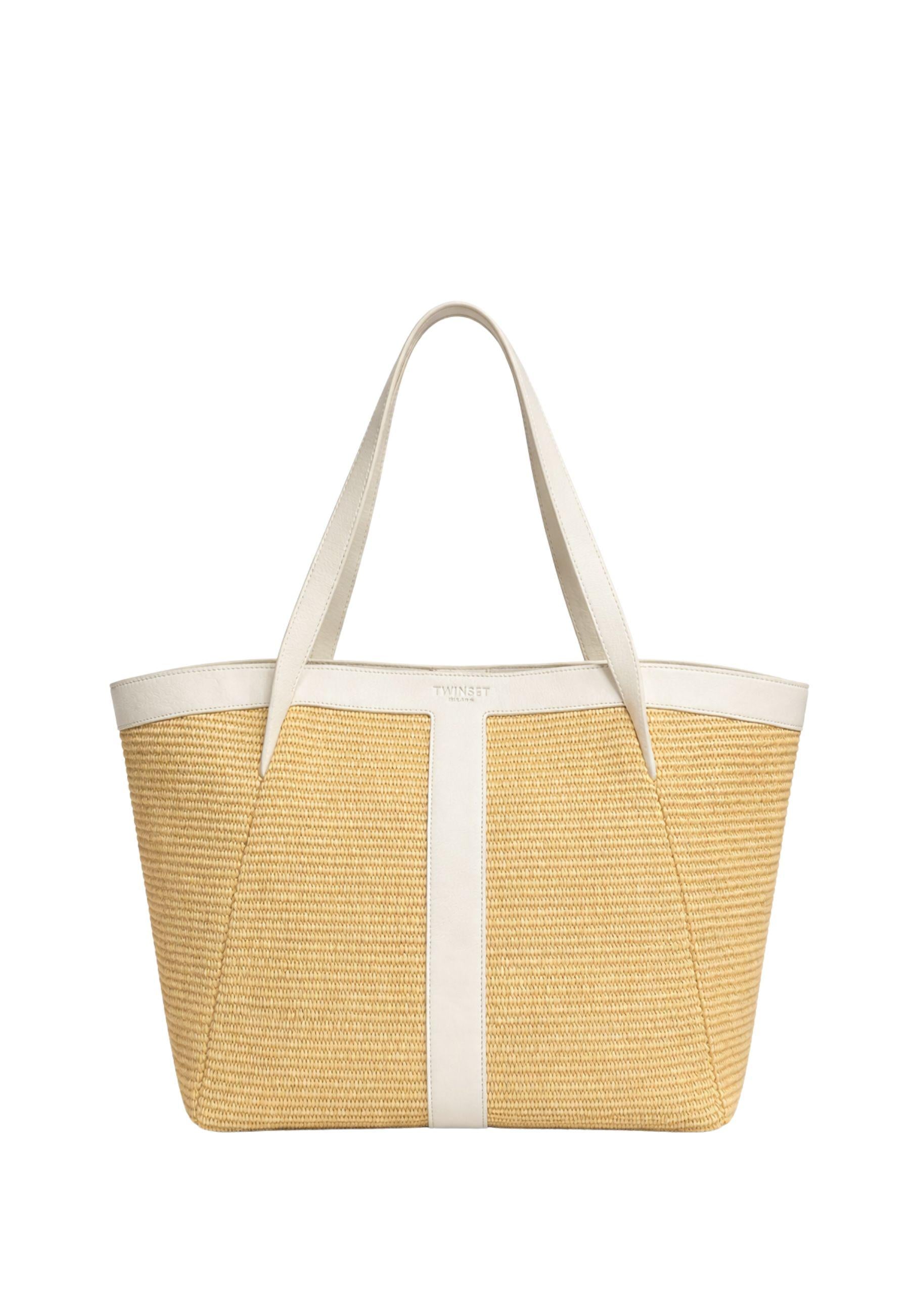 Borsa Shopper Twinset in rafia intrecciata con dettagli in pelle 